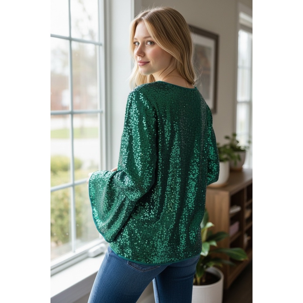 Confetti Ready Luxury Sequin V-Neck Bell Sleeve Disco Top Emerald Green Sm - Picture 2 of 7